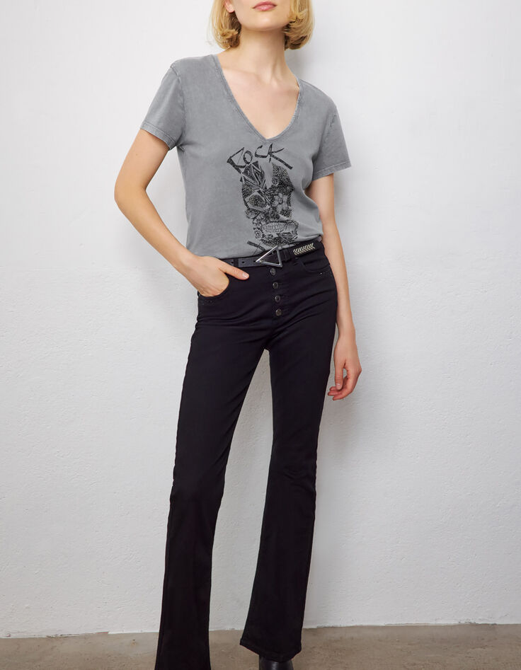Tee-shirt coton bio gris visuel tête de mort perles femme-4
