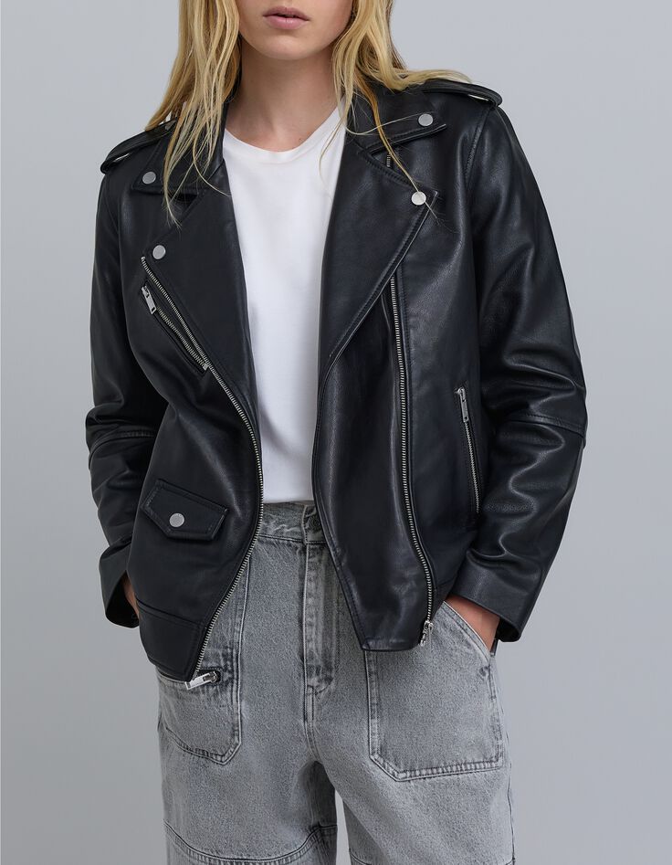 Schwarze mittellange Leder-Bikerjacke f&uuml;r Damen-2