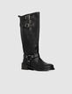 Women’s black leather biker boots with double buckle-2