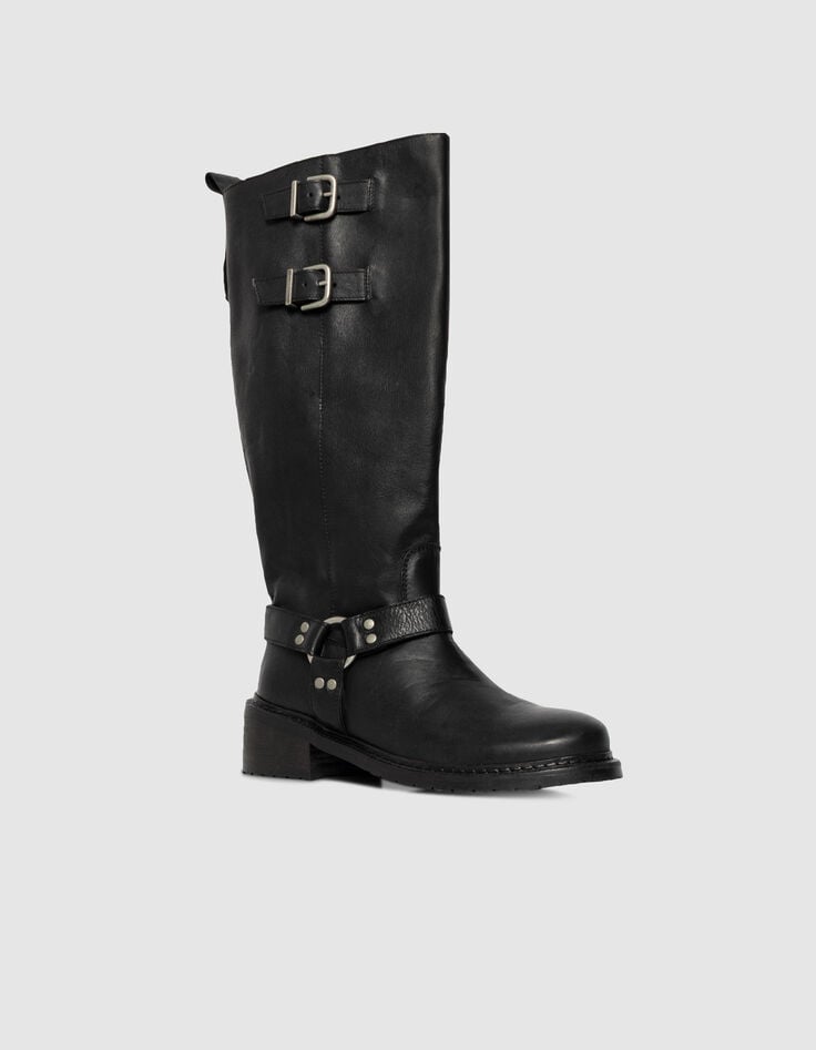 Women’s black leather biker boots with double buckle-2 Women’s black leather biker boots with double buckle-2