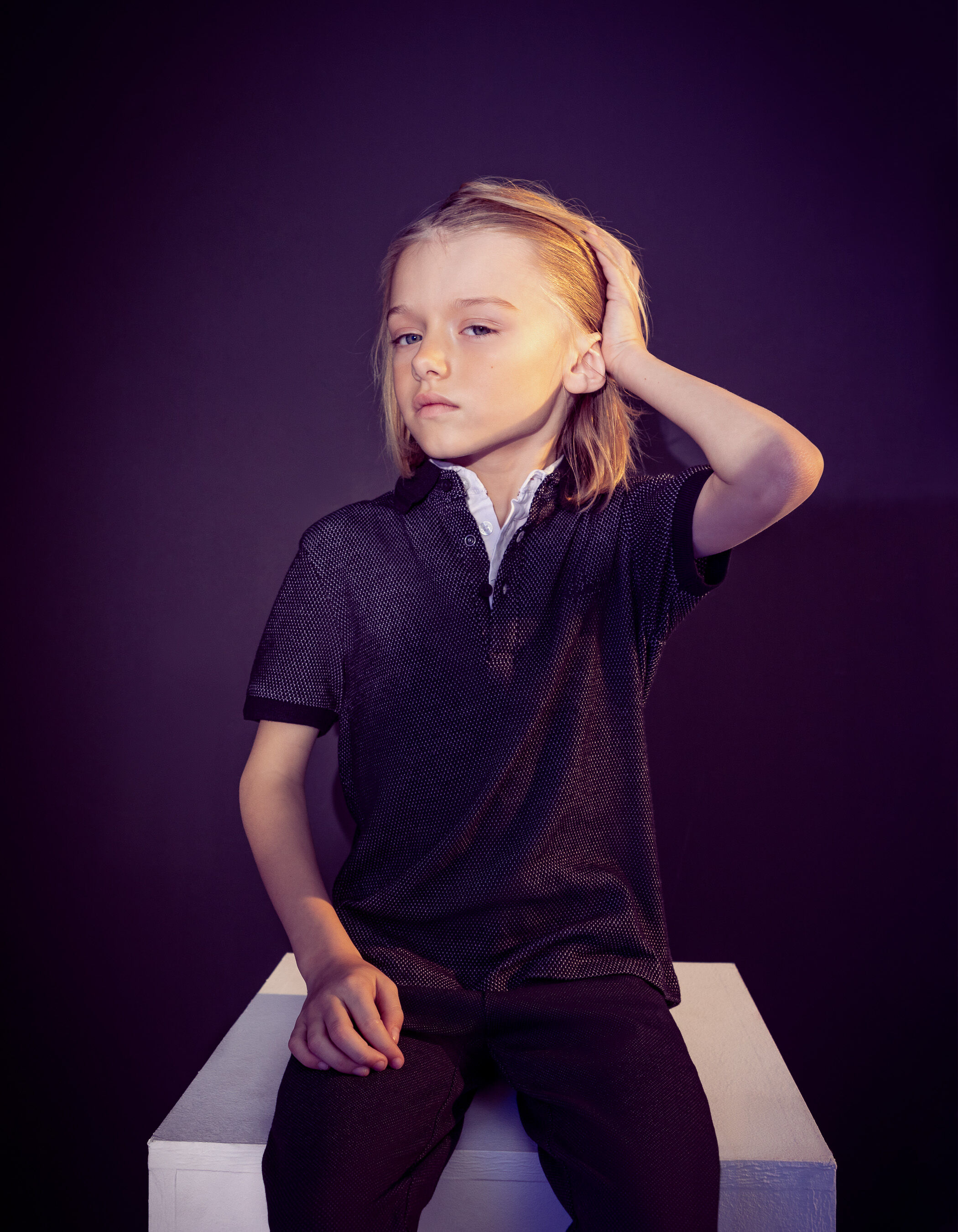 Boys black polo shirt white trompe l oeil shirt collar IKKS