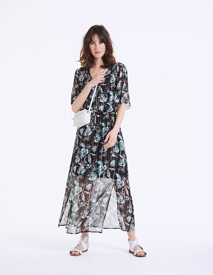 Langes Kleid mit Tropical-Garden-Print in Metallic-Garn auf schwarzem Grund-7