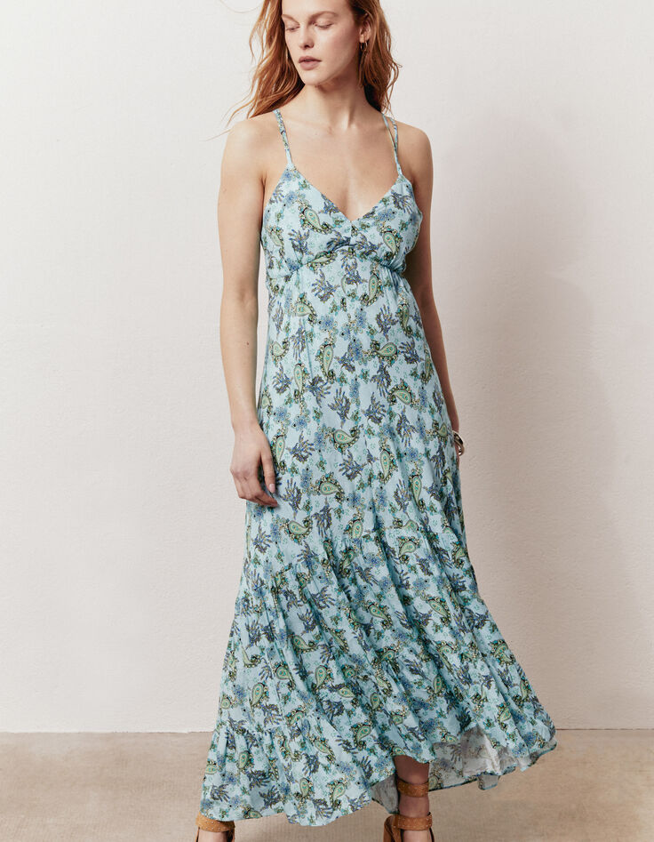 Women’s turquoise Paisley print viscose long dress-2
