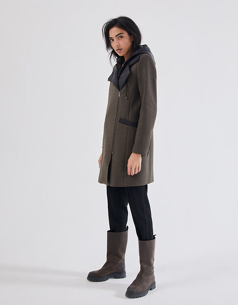 Women’s khaki wool-rich mid-length coat + detachable hood