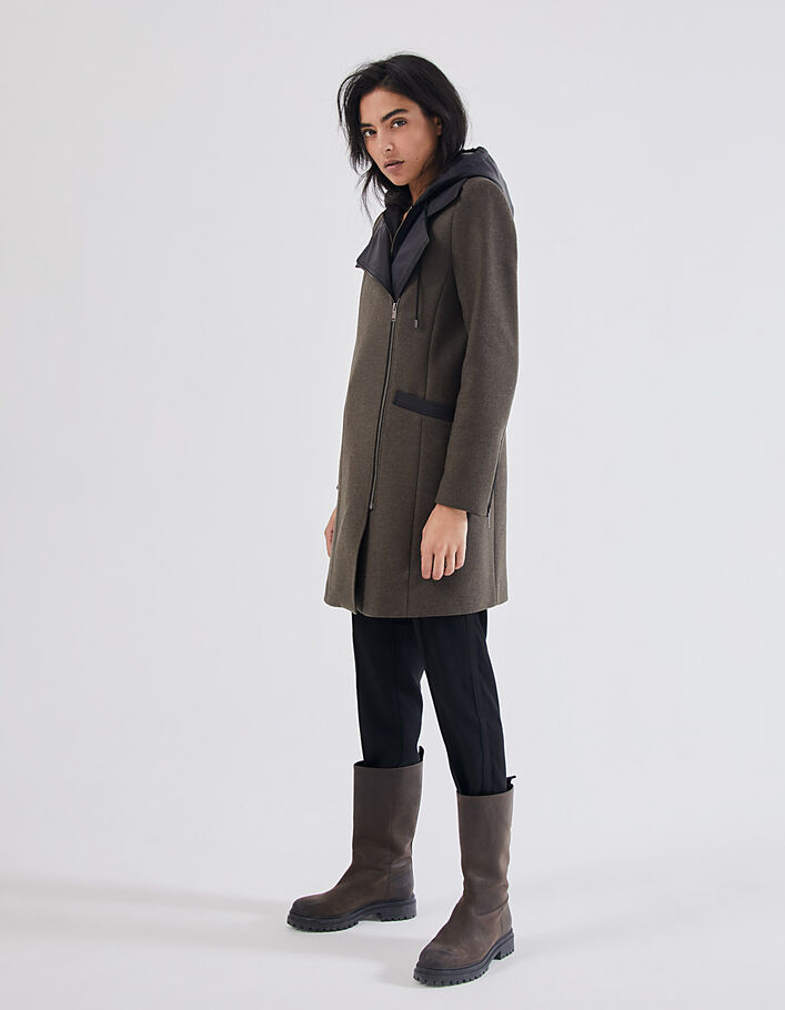 Women’s khaki wool-rich mid-length coat + detachable hood - IKKS