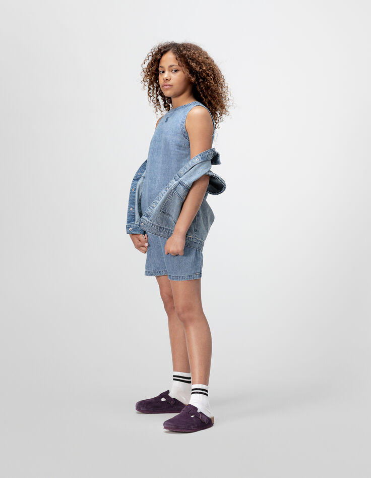Robe chasuble en jean bleu fille-1 Robe chasuble en jean bleu fille-1