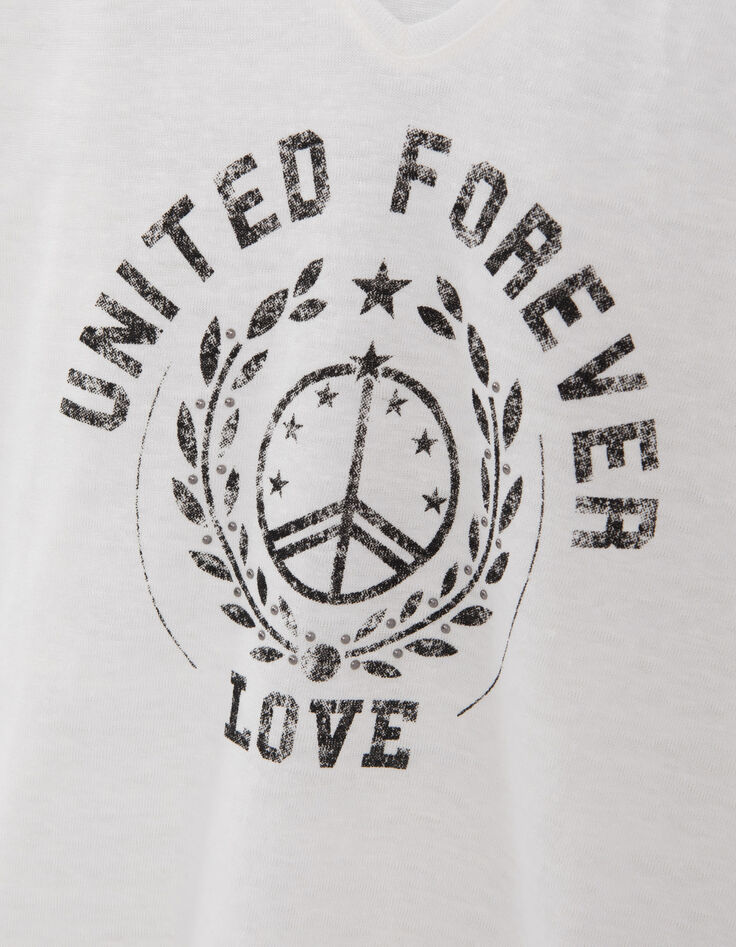 Women's white T-shirt with peace symbol badge-7
