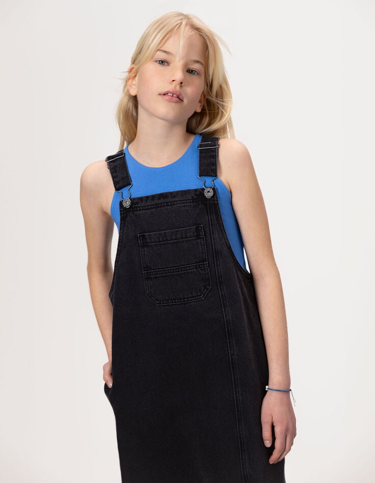 Robe-salopette midi en jean gris fendue fille-10