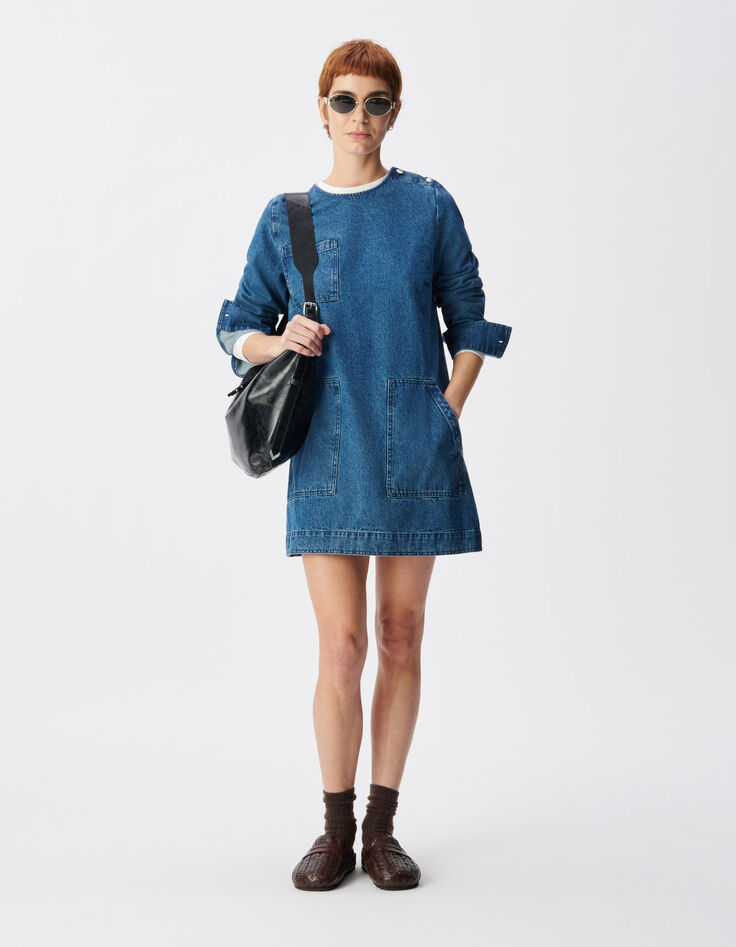 Blauwe denim jurk met drie opgestikte zakken Dames-2