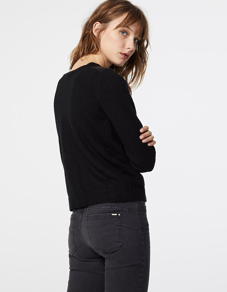 Cardigan noir maille mousseuse facettes bijoux femme-3