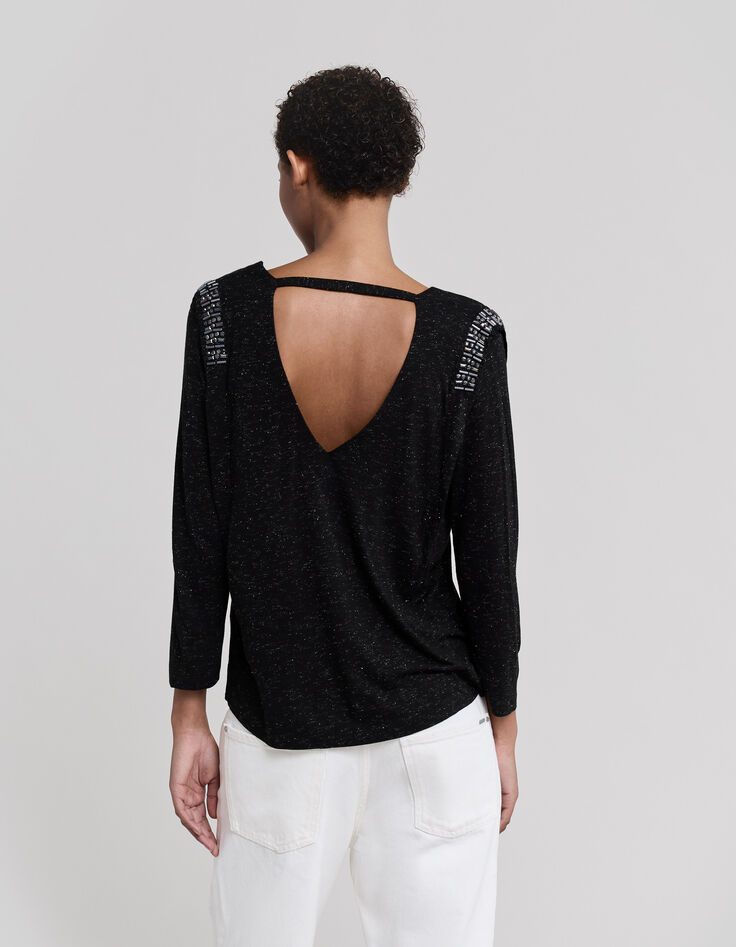Camiseta de mujer de viscosa negra con cuello en V y pedrería-3