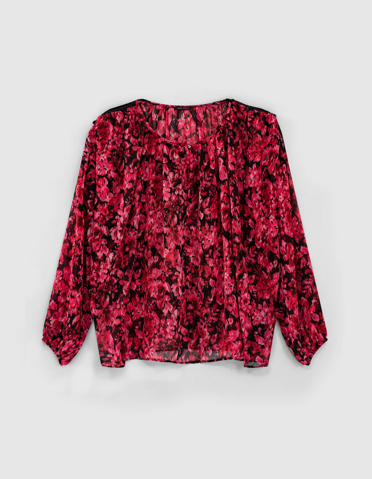 Damenvoilebluse mit rosa Blumenprint und offenen &Auml;rmeln-1