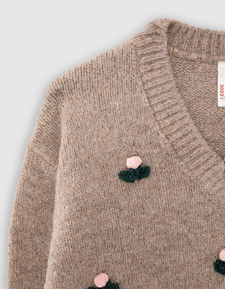 Ecru gebreide trui bloemenborduursels I.Code-2