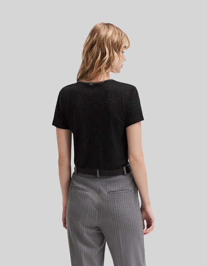 Schwarzes Lurex-Damen-T-Shirt, verzierter V-Ausschnitt - IKKS