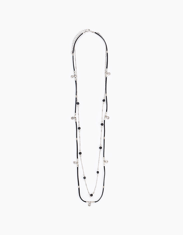 Collar largo doble cuero negro cadena metal plata mujer - IKKS