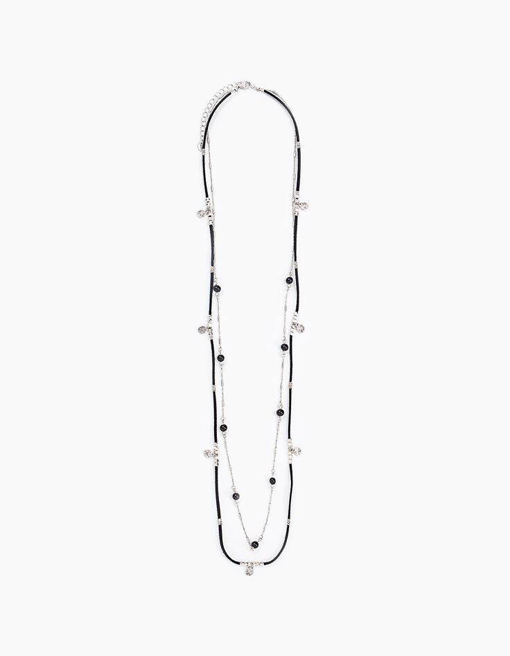 Collar largo doble cuero negro cadena metal plata mujer-1 Collar largo doble cuero negro cadena metal plata mujer-1