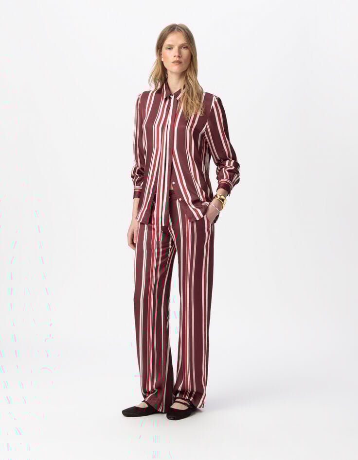 Women’s burgundy striped neck tie shirt-1 Women’s burgundy striped neck tie shirt-1