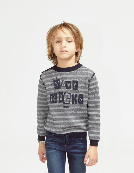 Boy’s navy flocked or striped knit reversible sweater