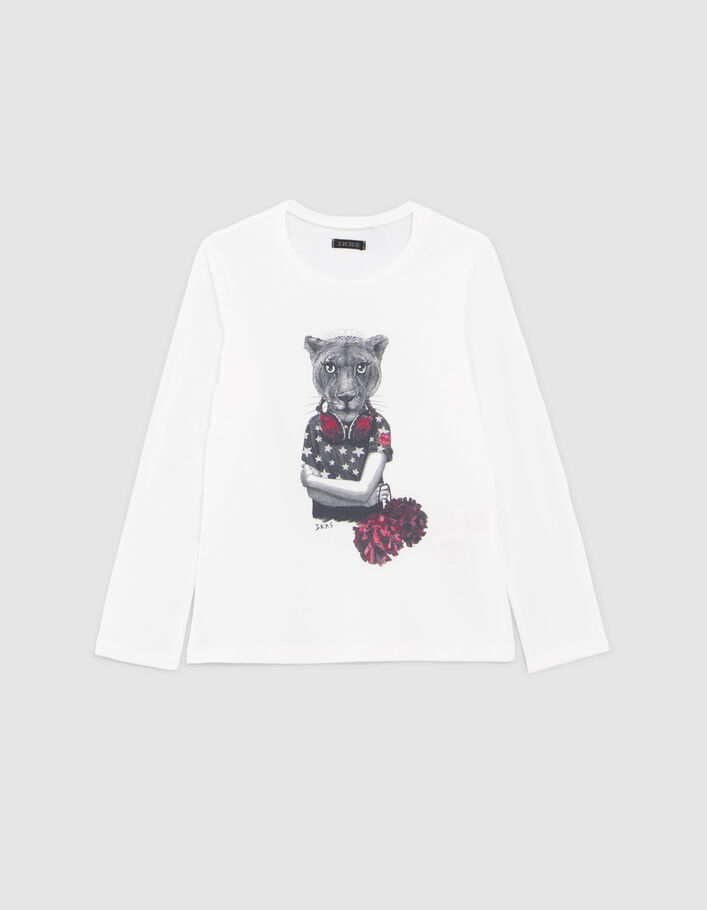 Cremeweißes Mädchen-T-Shirt mit Pompomgirl-Löwinnenmotiv - IKKS