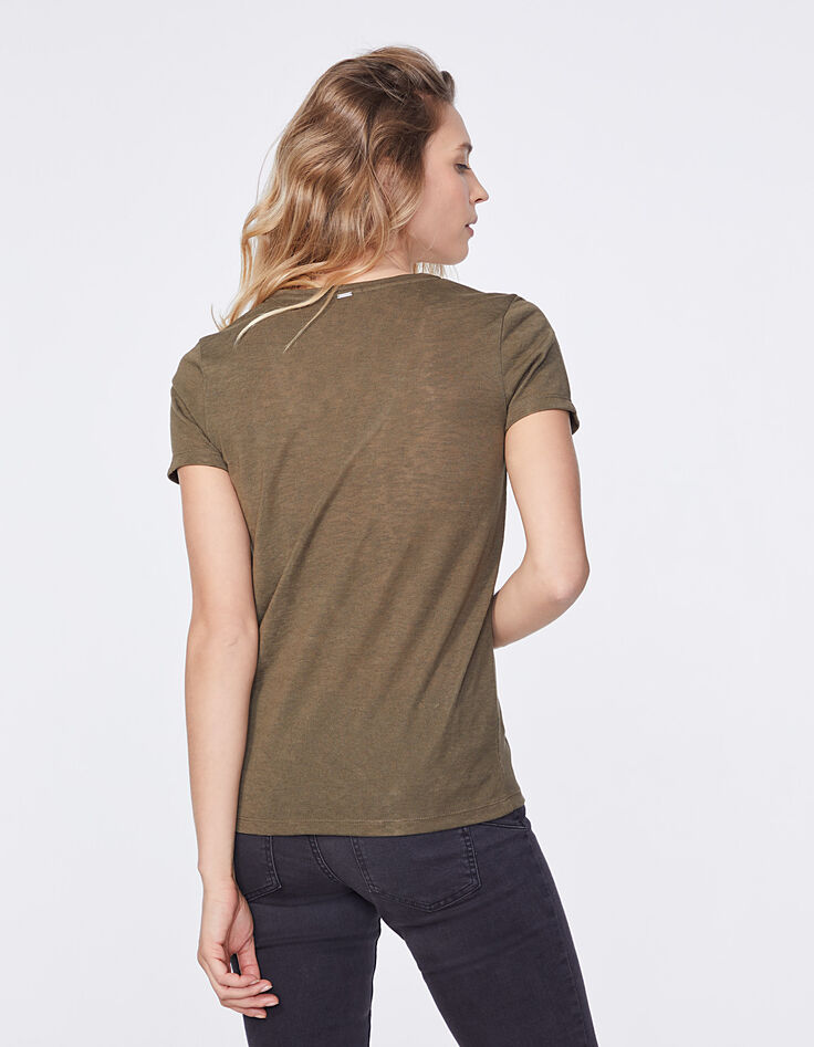 Tee-shirt col V kaki visuel lettres floquées velours femme-3