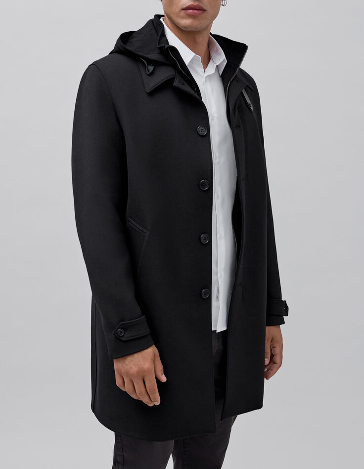 Men&rsquo;s black trench coat with detachable hood facing-8
