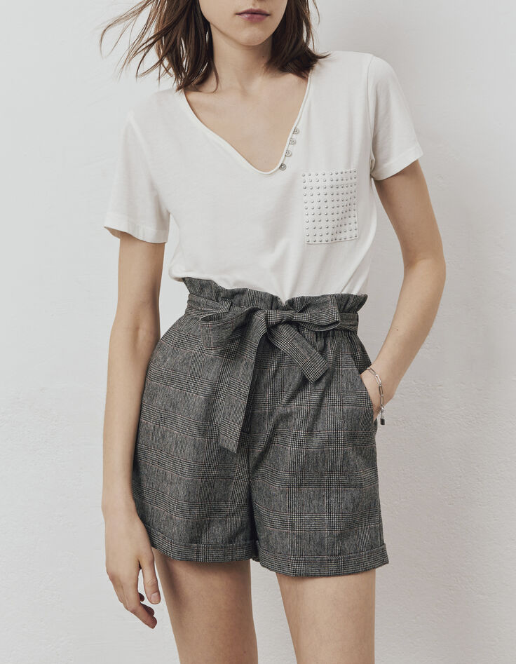 Short court à carreaux gris ceinture amovible femme-1
