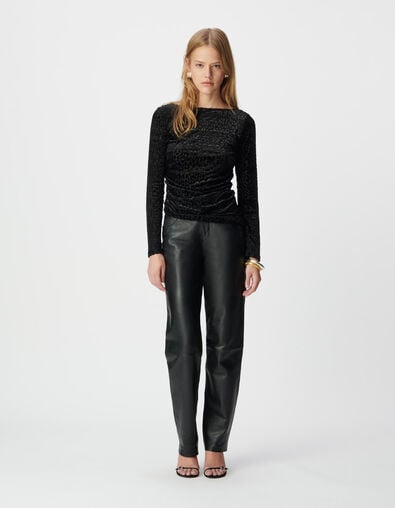 Women’s black velvet T-shirt with leopard motif - IKKS