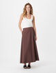 Jupe longue marron en taffetas pour femme-1