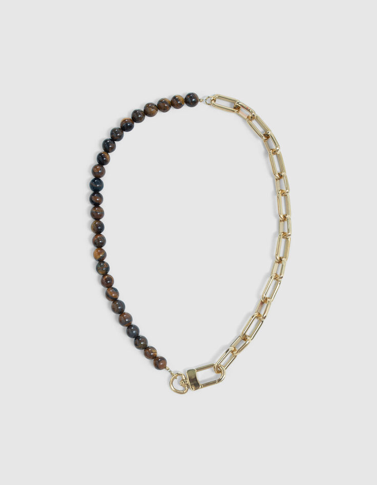 Collier marron oeil de tigre et maille trombone Femme-1