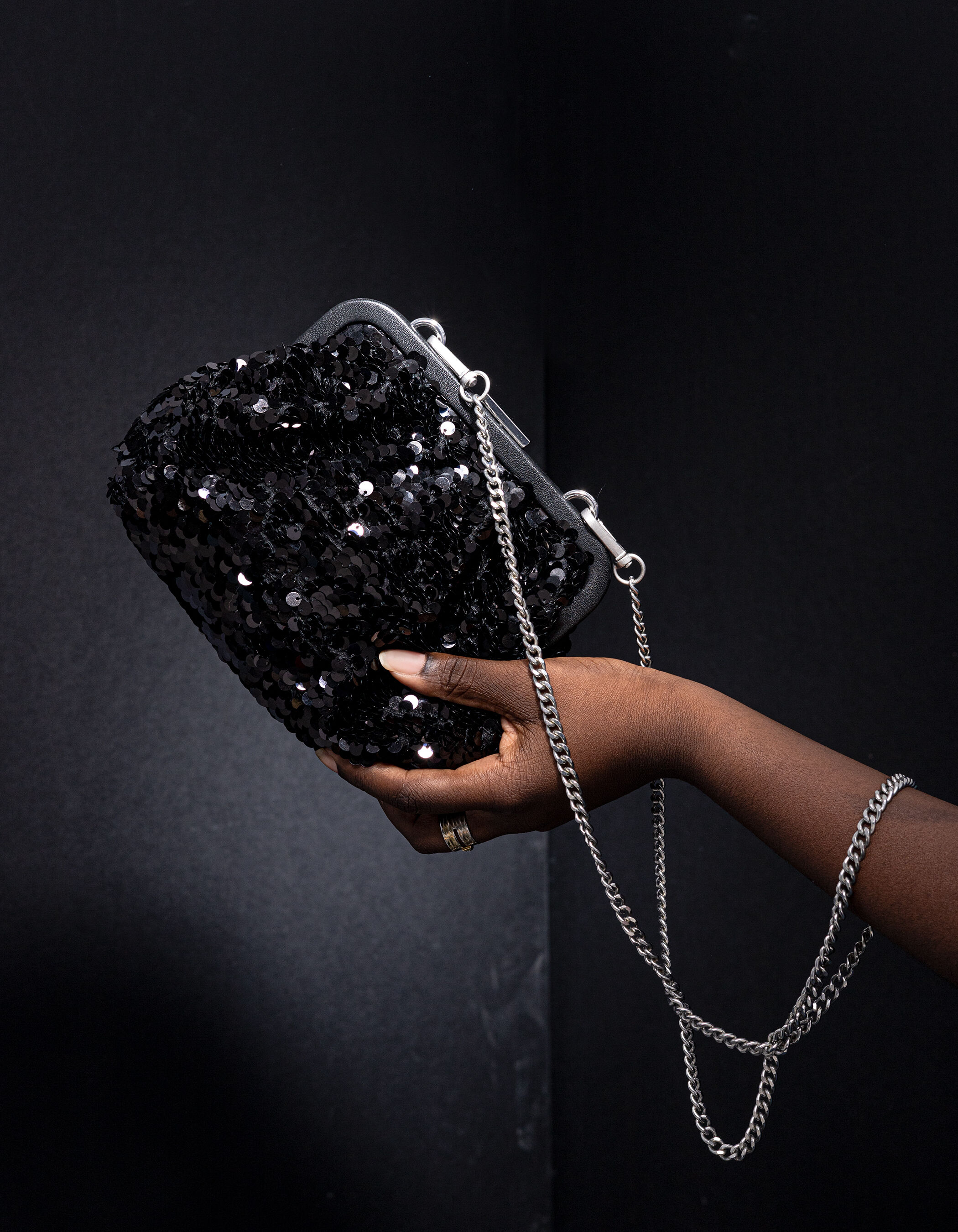 Sac pochette noir sequins anse amovible Femme IKKS