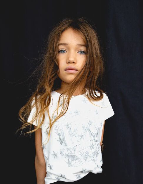 Girls’ white star embroidered tulle mixed-fabric T-shirt