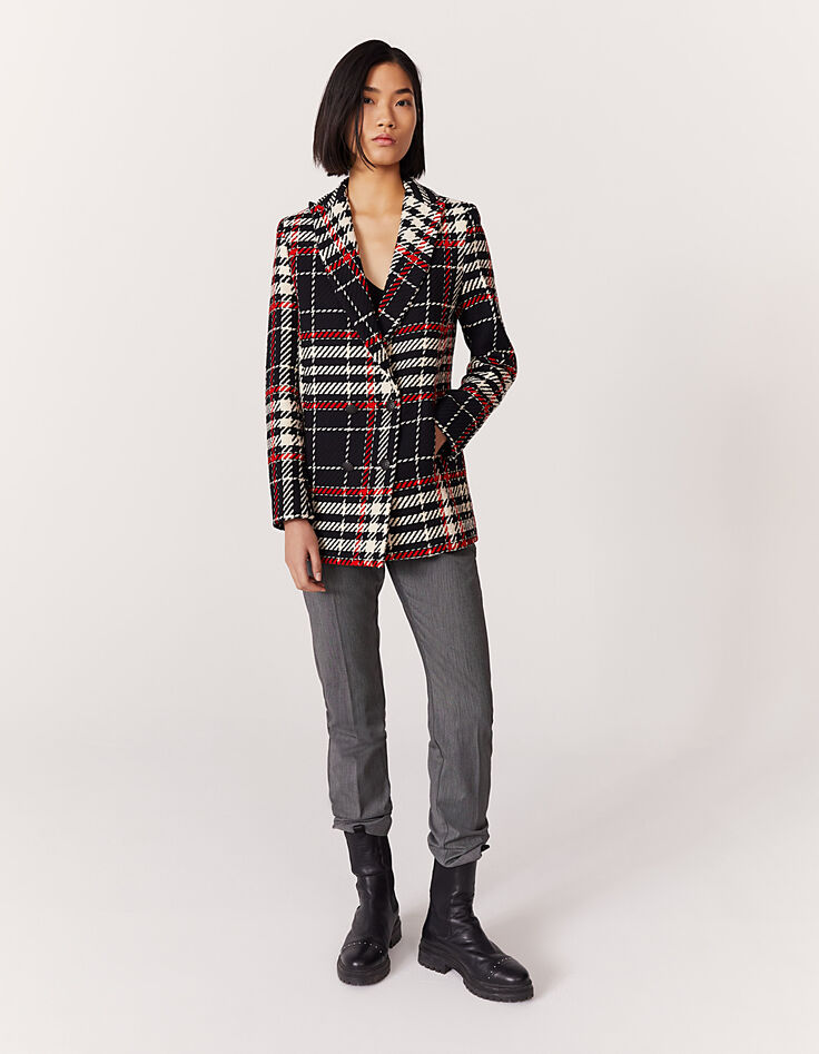 Manteau à carreaux en coton double boutonnage femme-5