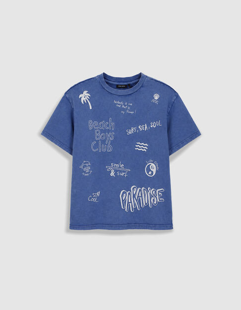 Camiseta azul de algod&oacute;n org&aacute;nico bordado mensajes  ni&ntilde;o - IKKS