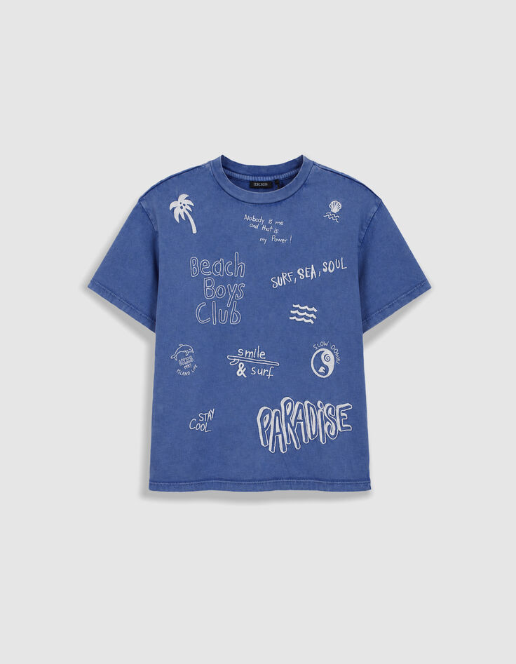 Camiseta azul de algod&oacute;n org&aacute;nico bordado mensajes  ni&ntilde;o-1
