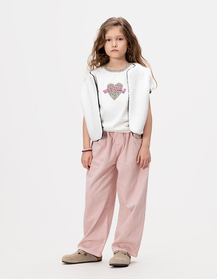 Ecru Mädchen-T-Shirt, Biowolle, Leoprint-Herzen-7