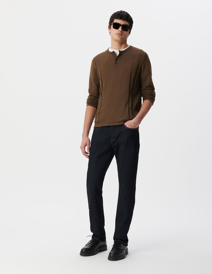 Herrenpullover, khaki, Biowolle, Feinstrick, Tunikakragen-1 Herrenpullover, khaki, Biowolle, Feinstrick, Tunikakragen-1