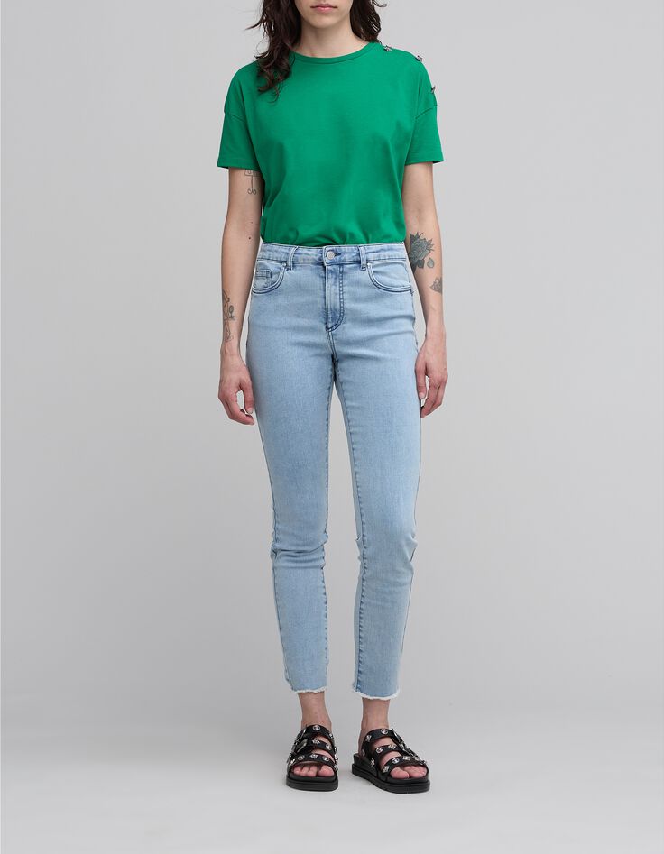 Women's green T-shirt with star design on shoulder and round collar-1