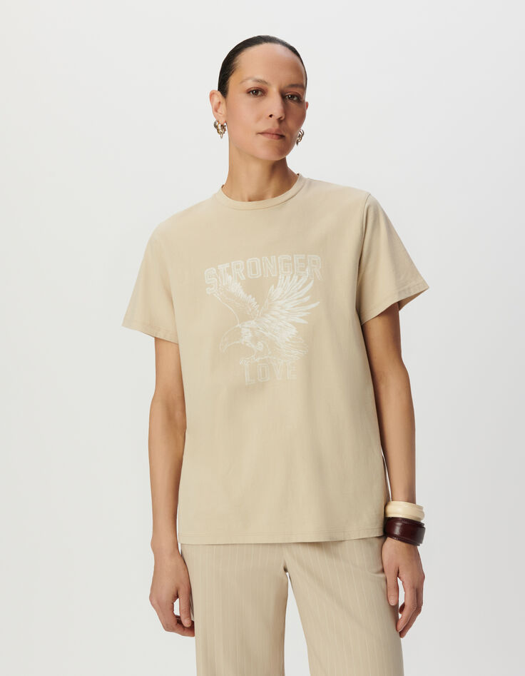 Tee-shirt col rond beige coton bio visuel aigle Femme-2