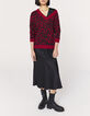 Pull col V rouge et noir en jacquard motif léopard femme-5