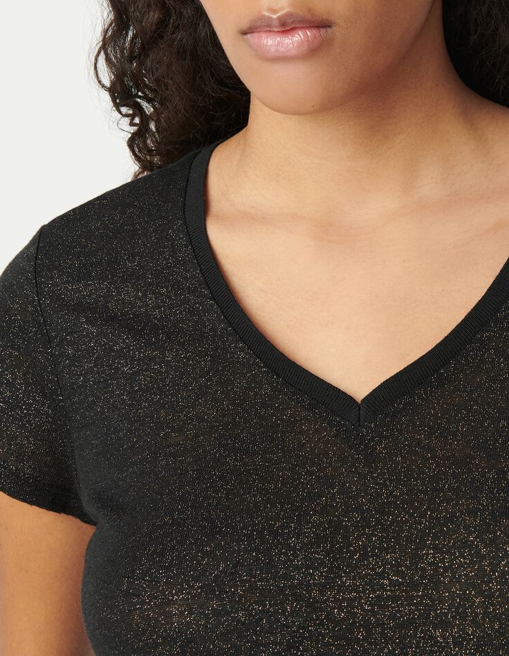 Zwart T-shirt V-hals linnen foil dames-4
