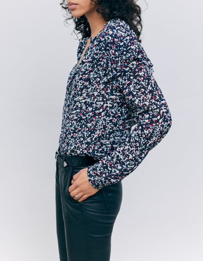 Women’s navy tachist print blouse with ruffled shoulders - IKKS