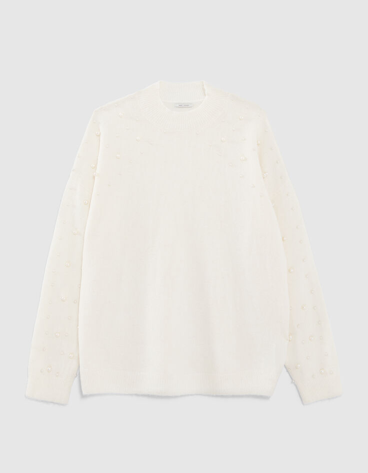 Women’s ecru knit sweater with embroidered pearly beads-6
