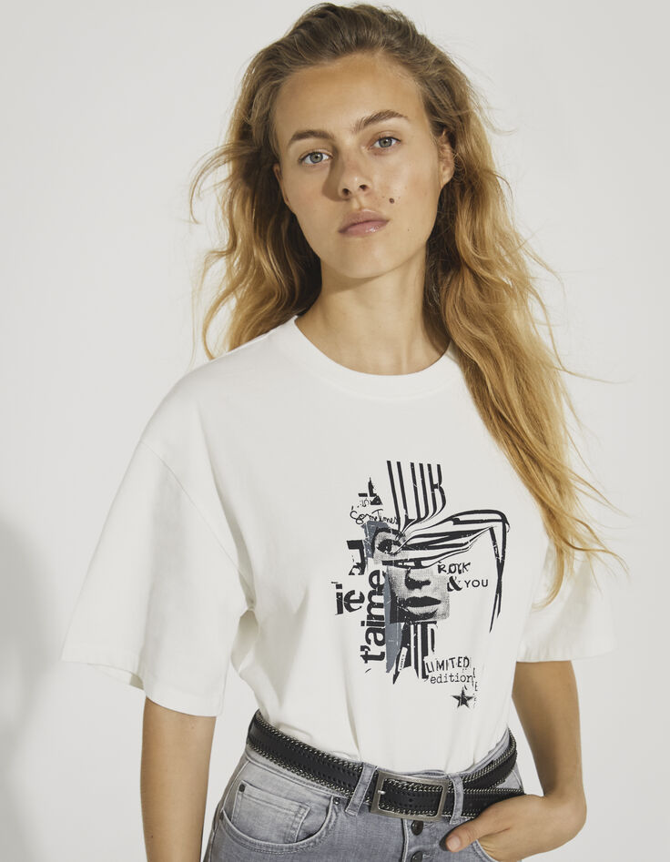 Camiseta boxy algodón crudo motivo gráfico negro mujer-1