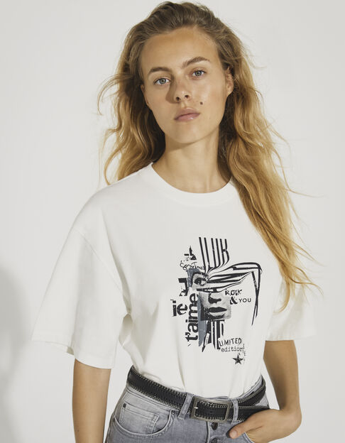 Cremeweißes Damen-T-Shirt im Boxy-Schnitt mit Grafikmotiv