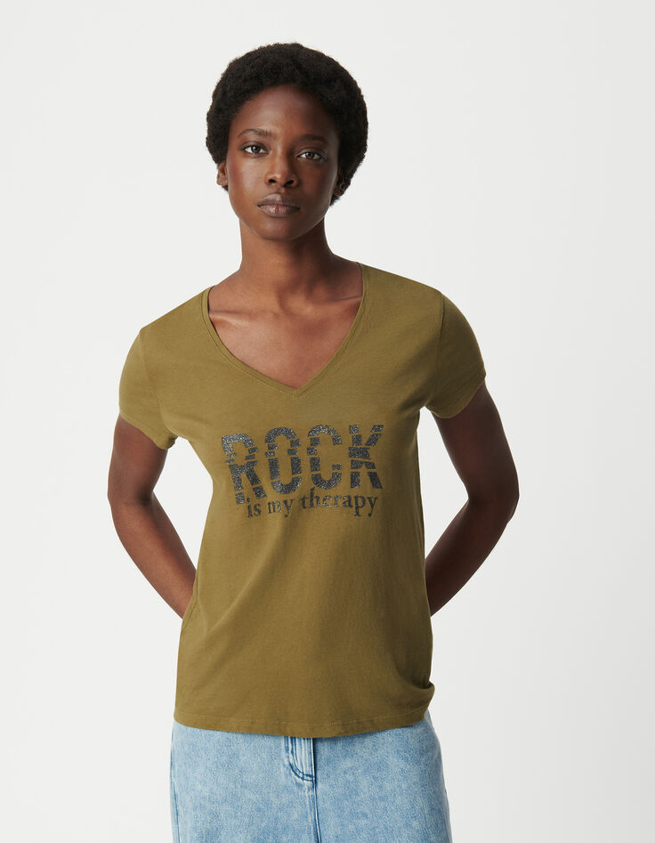 Women's organic cotton khaki t-shirt with glitter message-2