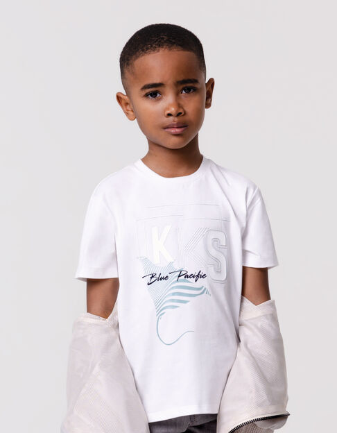 White organic cotton T-shirt for boy, flocked with logo - IKKS