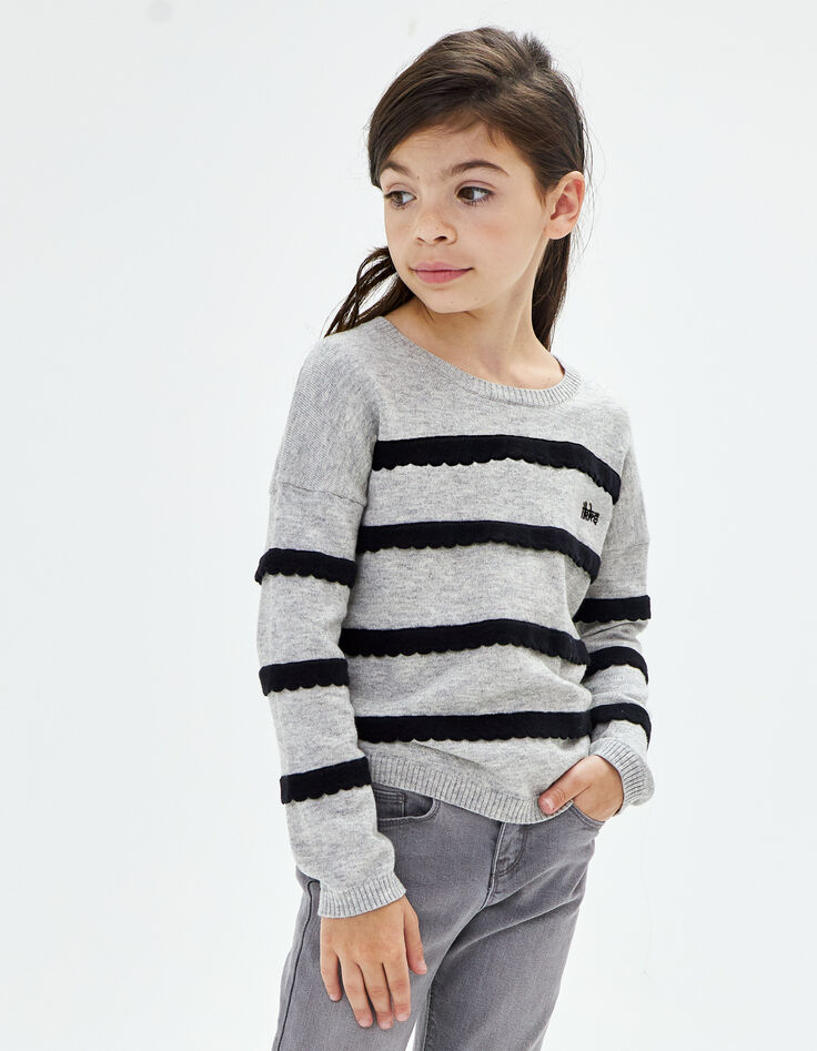 Pull gris chiné avec festons noirs fille-1 Pull gris chiné avec festons noirs fille-1