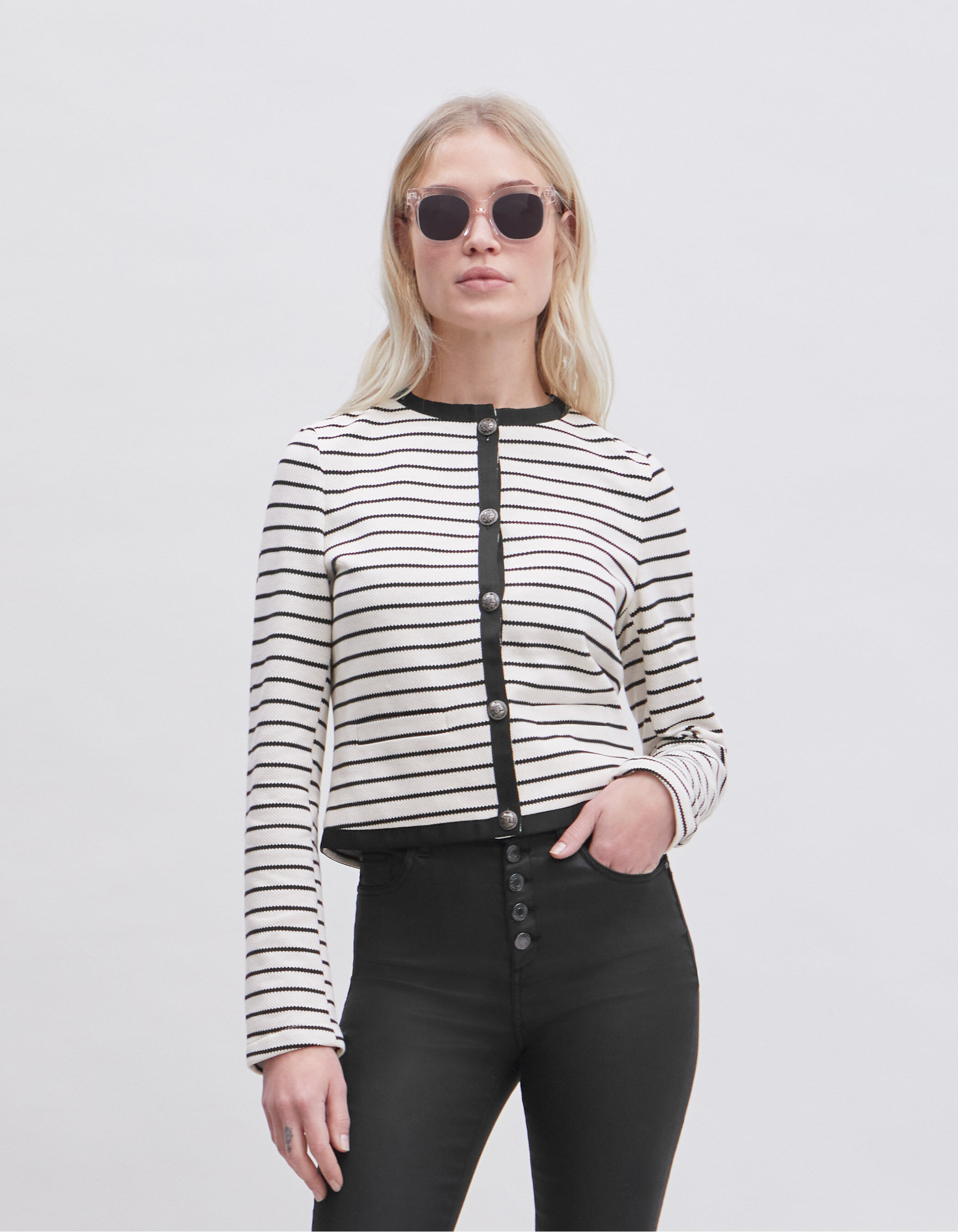 Veste ecrue maille piquee rayures noires Femme IKKS