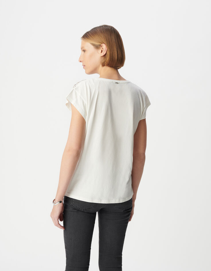 Women's white V-neck tee-shirt with jewel design-3