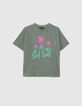 Kaki T-shirt opdruk palmen en glitters meisjes-1